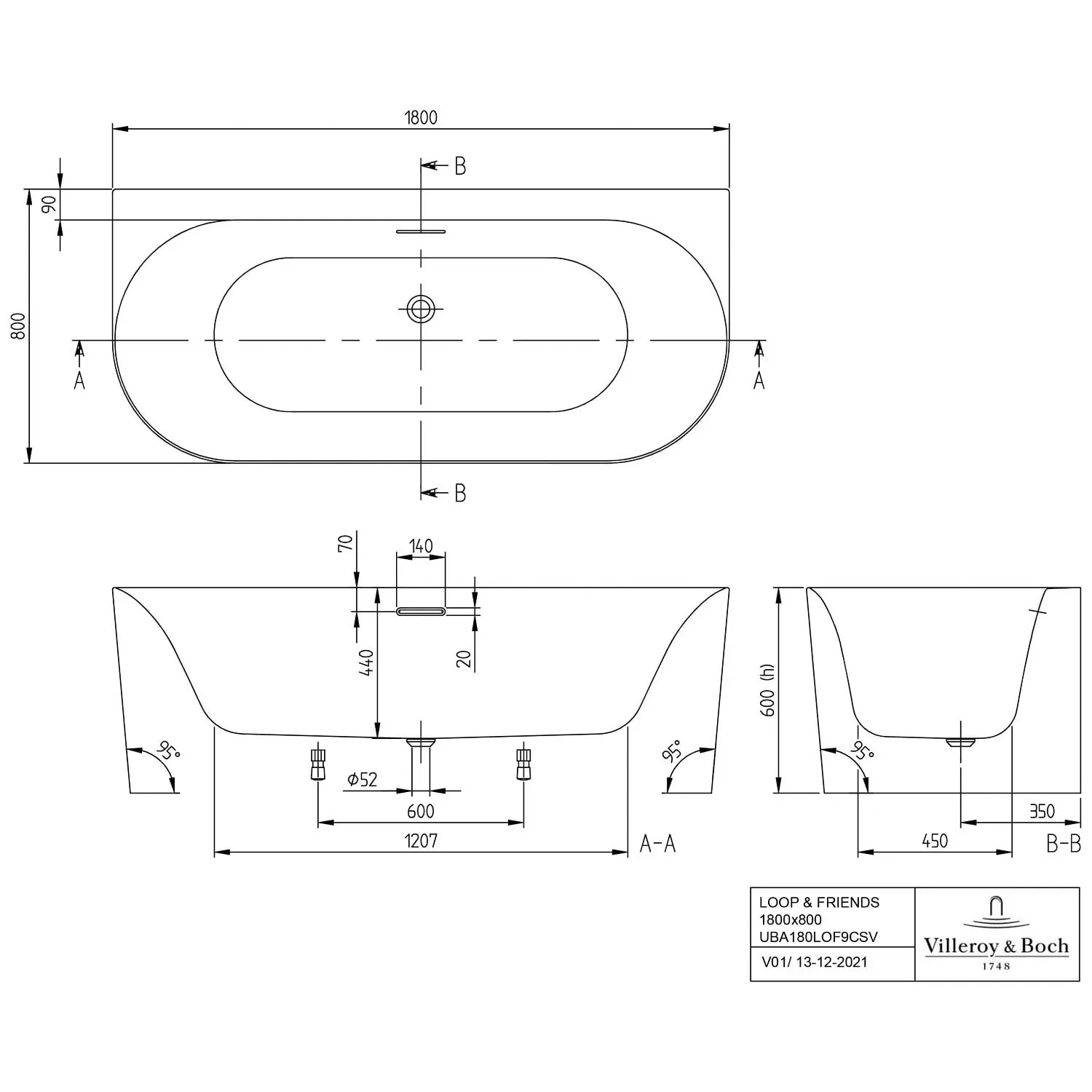 Technische Zeichnung: Villeroy & Boch Loop & Friends Vorwand-Badewanne, 180x80 cm, ovale Form, Maße.