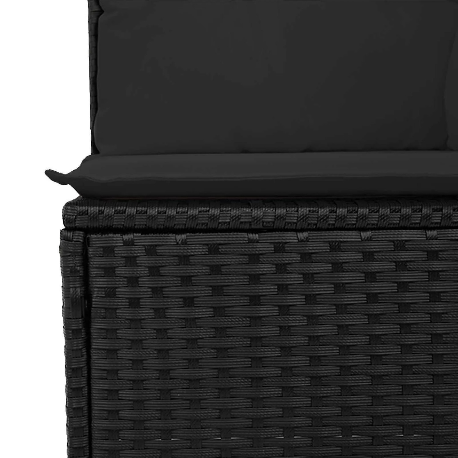 Detailansicht: Schwarzes vidaXL Gartensofa-Set aus Rattan mit Sitzkissen.