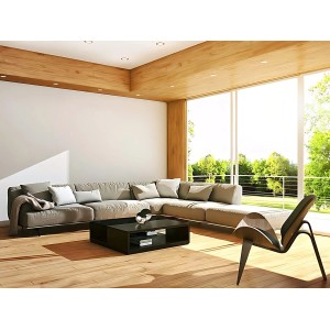 Heller Wohnraum mit weißer, glatter PROFHOME Vliestapete. Palette mit 77 Rollen.