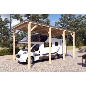 Holzbrüder Camping-Carport Ralf Natur mit dunkelgrauem Blechdach und Wohnmobil.
