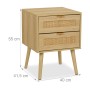 Nachttisch aus Faserplatte und Kiefernholz mit 2 Schubladen und Rattan-Details, 55x40x41,5 cm.