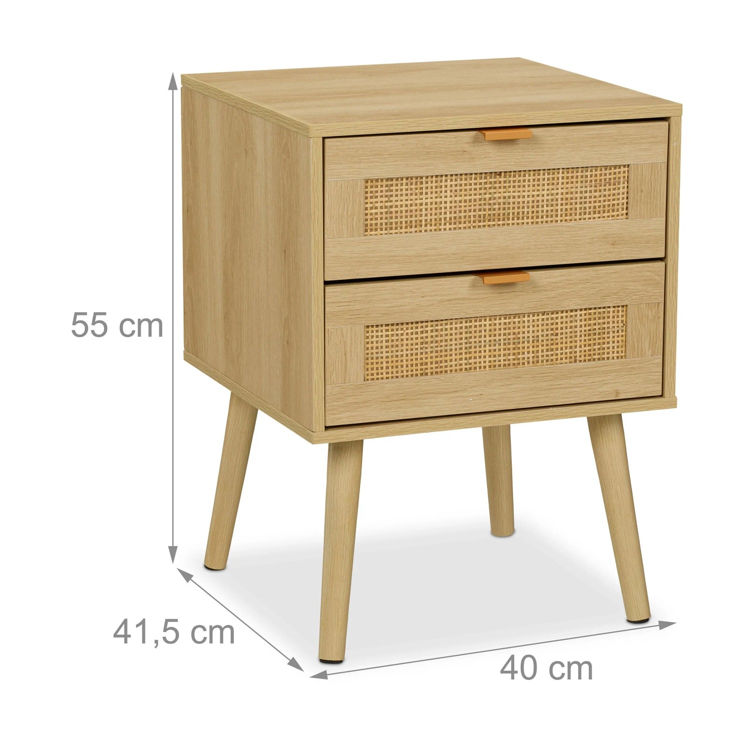 Nachttisch aus Faserplatte und Kiefernholz mit 2 Schubladen und Rattan-Details, 55x40x41,5 cm.