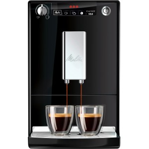 Melitta Caffeo Solo: Schwarzer Espresso-Kaffeevollautomat mit zwei Tassen frisch gebrühtem Kaffee.
