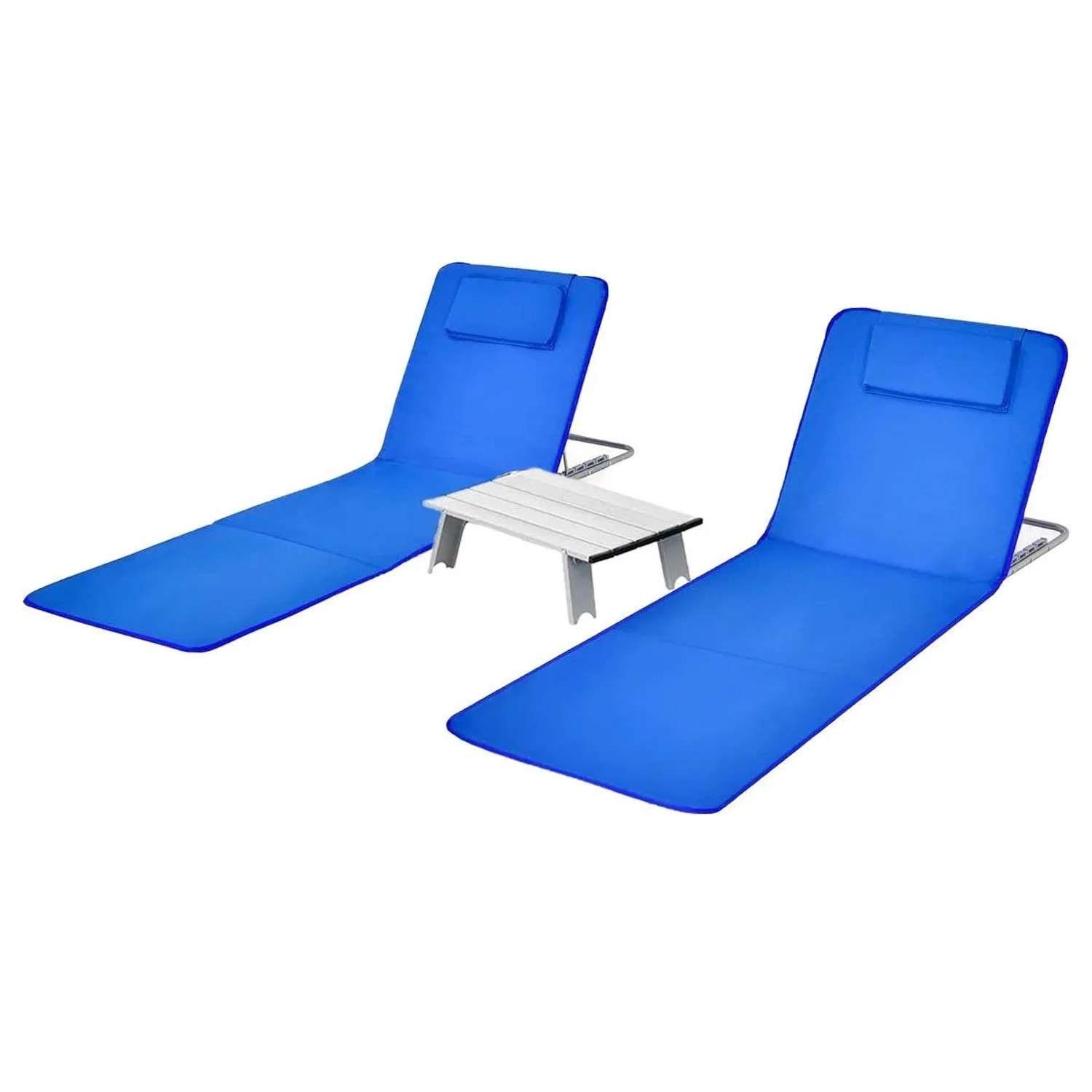 Costway 2er Set Strandmatte mit Beistelltisch Kopfkissen & Staufach Blau