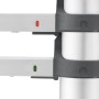 Detailaufnahme: Hailo FlexLine 380 Teleskopleiter, Verriegelungsanzeige (rot/grün) und Sprossenbefestigung.