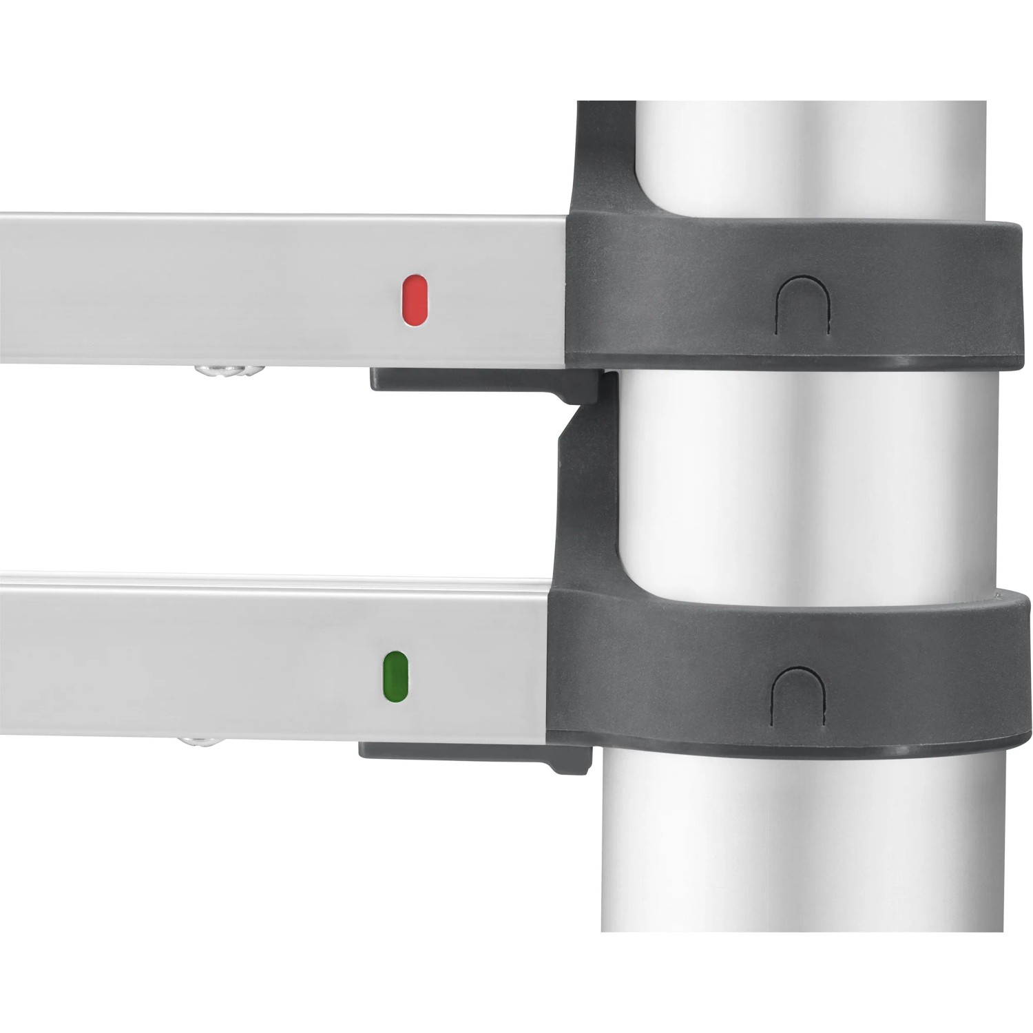 Detailaufnahme: Hailo FlexLine 380 Teleskopleiter, Verriegelungsanzeige (rot/grün) und Sprossenbefestigung.