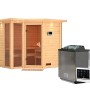Karibu Sauna Amalia mit Bio-Ofen und LED-Dachkranz aus naturbelassenem Fichtenholz.