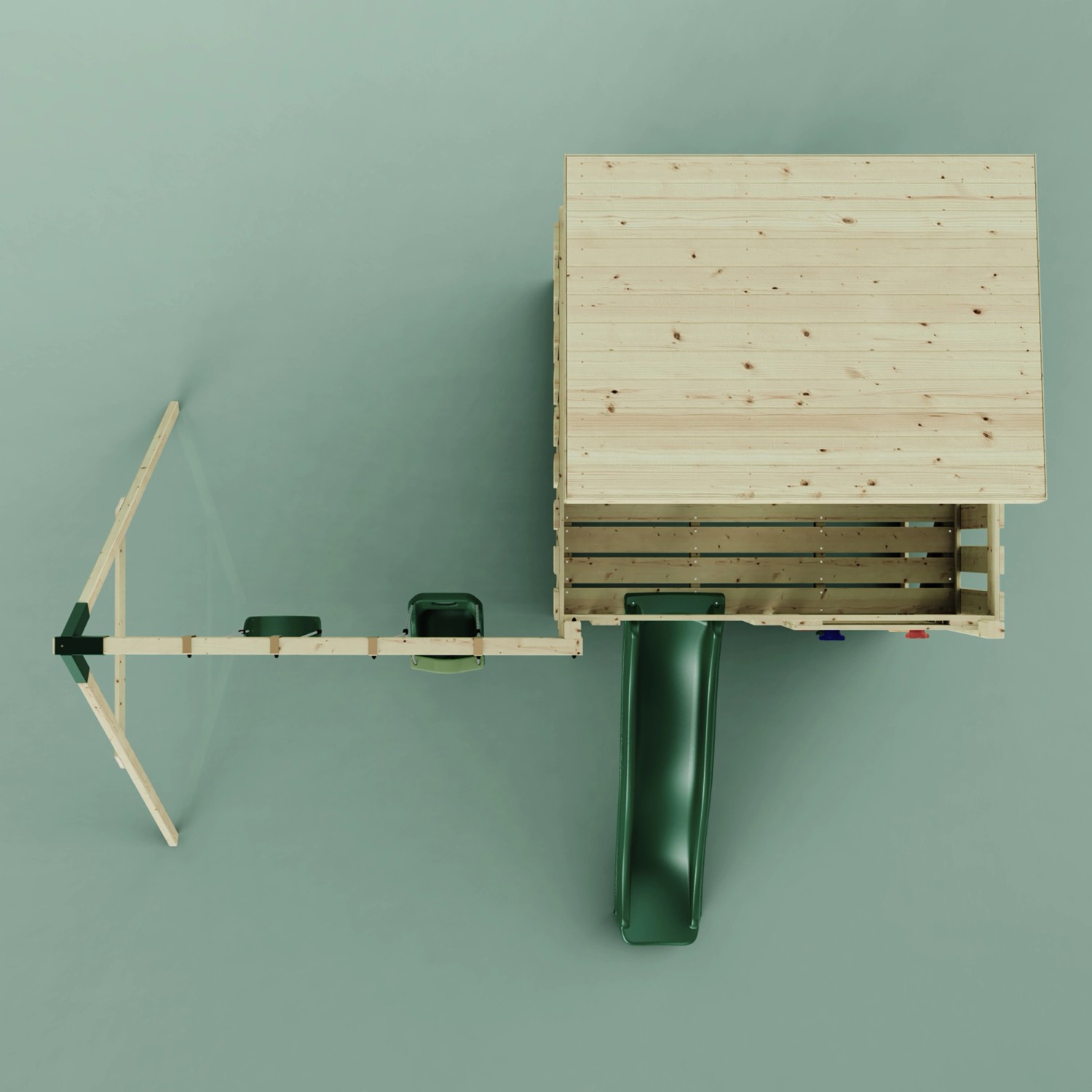 PolarPlay Spielturm Nils mit Babyschaukel und Rutsche, Ansicht von oben.