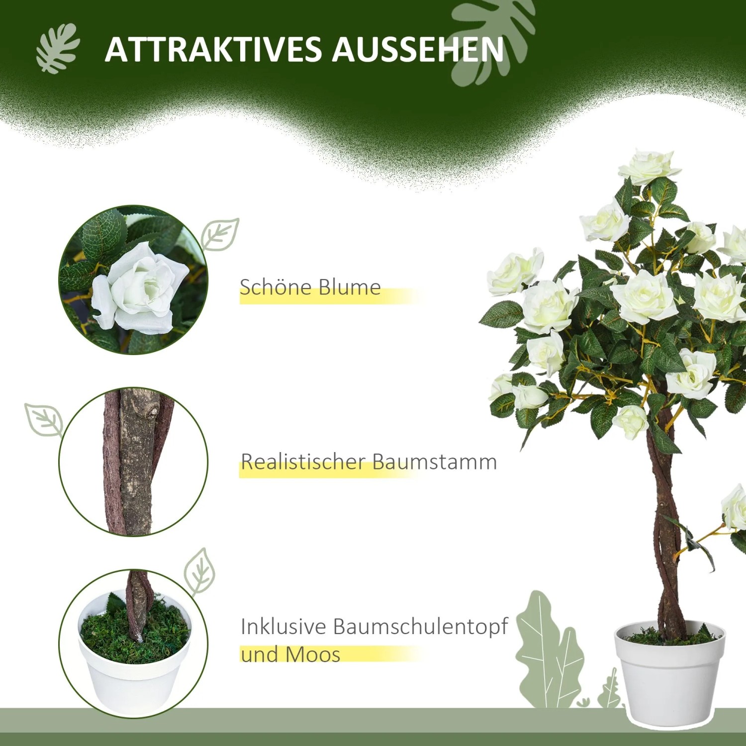 Outsunny künstliche Rosenpflanze, weiß, 90 cm hoch, im Topf mit Moos. Zeigt realistische Blüten und Stamm.