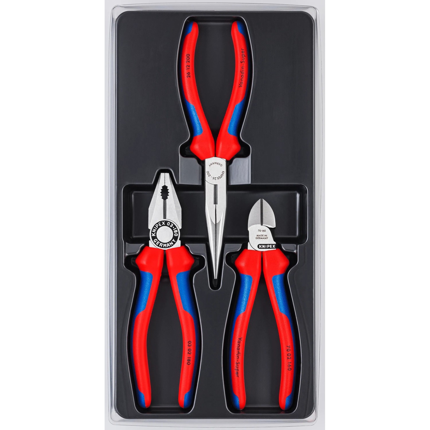 Knipex Zangenset Profi, 3-teilig: Kombizange, Seitenschneider, Flachrundzange mit Mehrkomponenten-Hüllen.