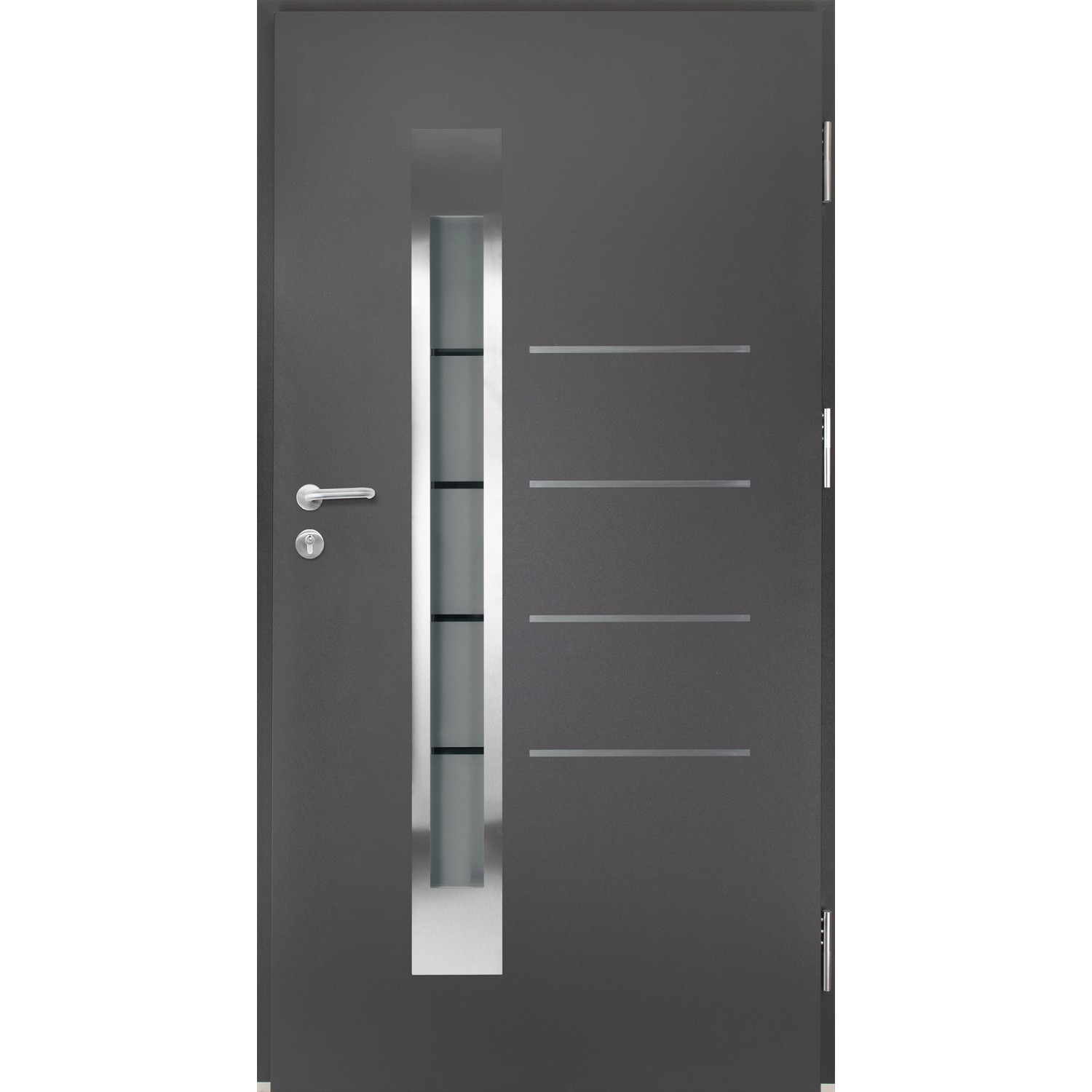 Moderne Splendoor Thermospace Haustür Berlin Prime, 100x210 cm, Anthrazit mit Glaseinsatz und Edelstahlapplikationen.