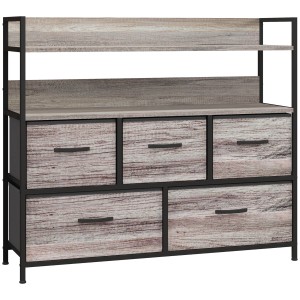 Graue HOMCOM Kommode mit 5 Stoffschubladen und 2 Regalen im Industrie-Look.