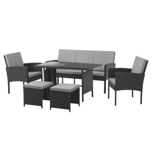 Schwarzes Svita Denver Polyrattan Gartenmöbel Set mit Esstisch, 3er-Sofa, 2 Sesseln, 2 Hockern und grauen Kissen.