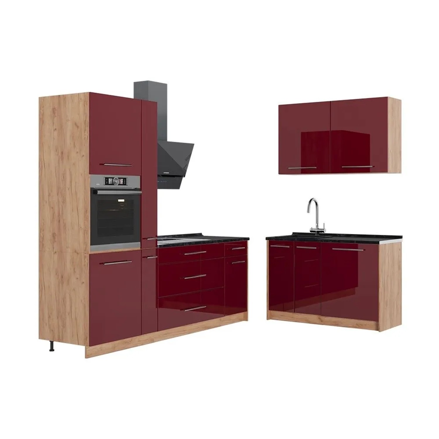 Vicco Küchenzeile Fame-Line Bordeaux Hochglanz/Goldkraft Eiche 220 x 207 AP Anthrazit Art Nr 64991