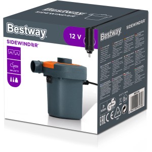 Verpackung der Sidewinder 12V Elektro-Luftpumpe von Bestway mit 3 Adaptern.