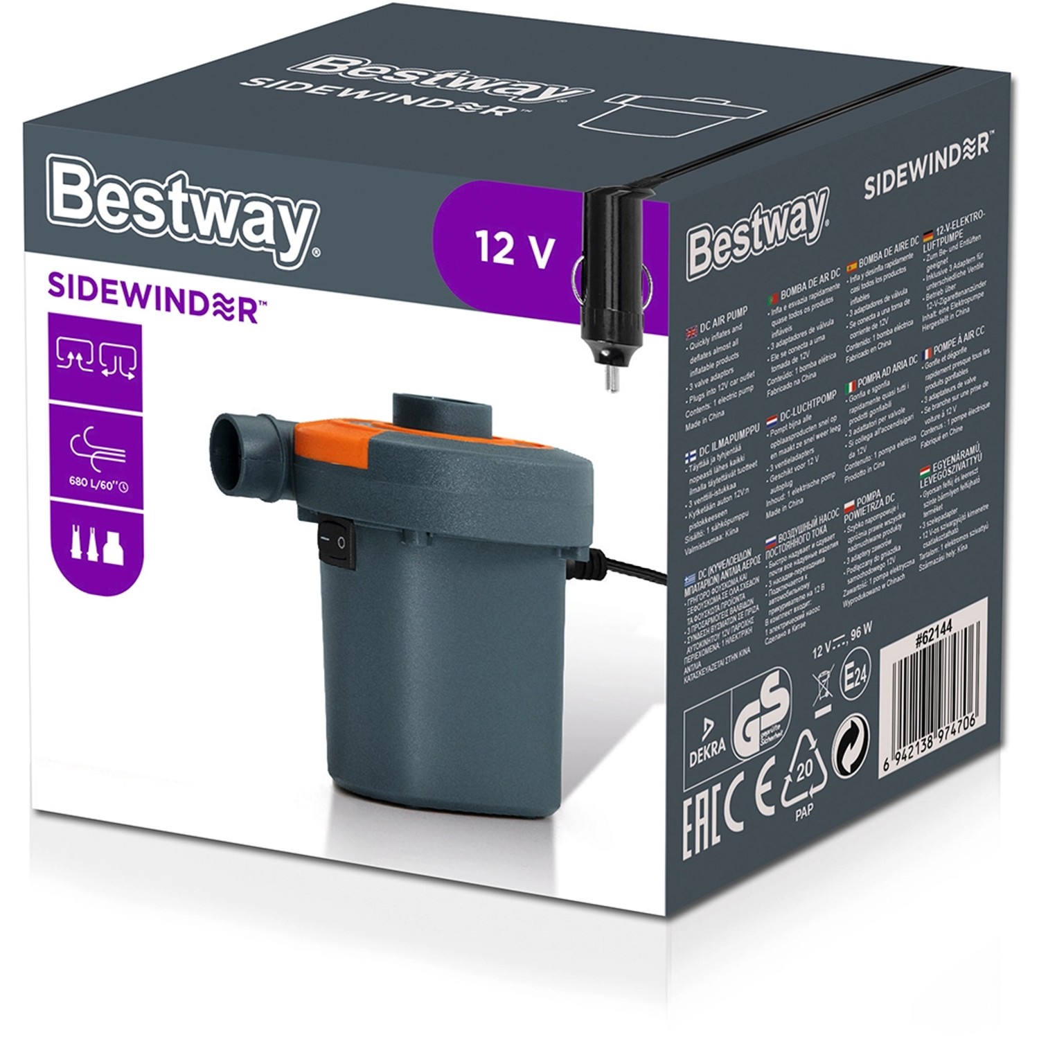 Verpackung der Sidewinder 12V Elektro-Luftpumpe von Bestway mit 3 Adaptern.