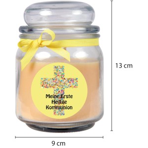 Gelbe Duftkerze im Glas mit Kommunion-Motiv und Vanilleduft.