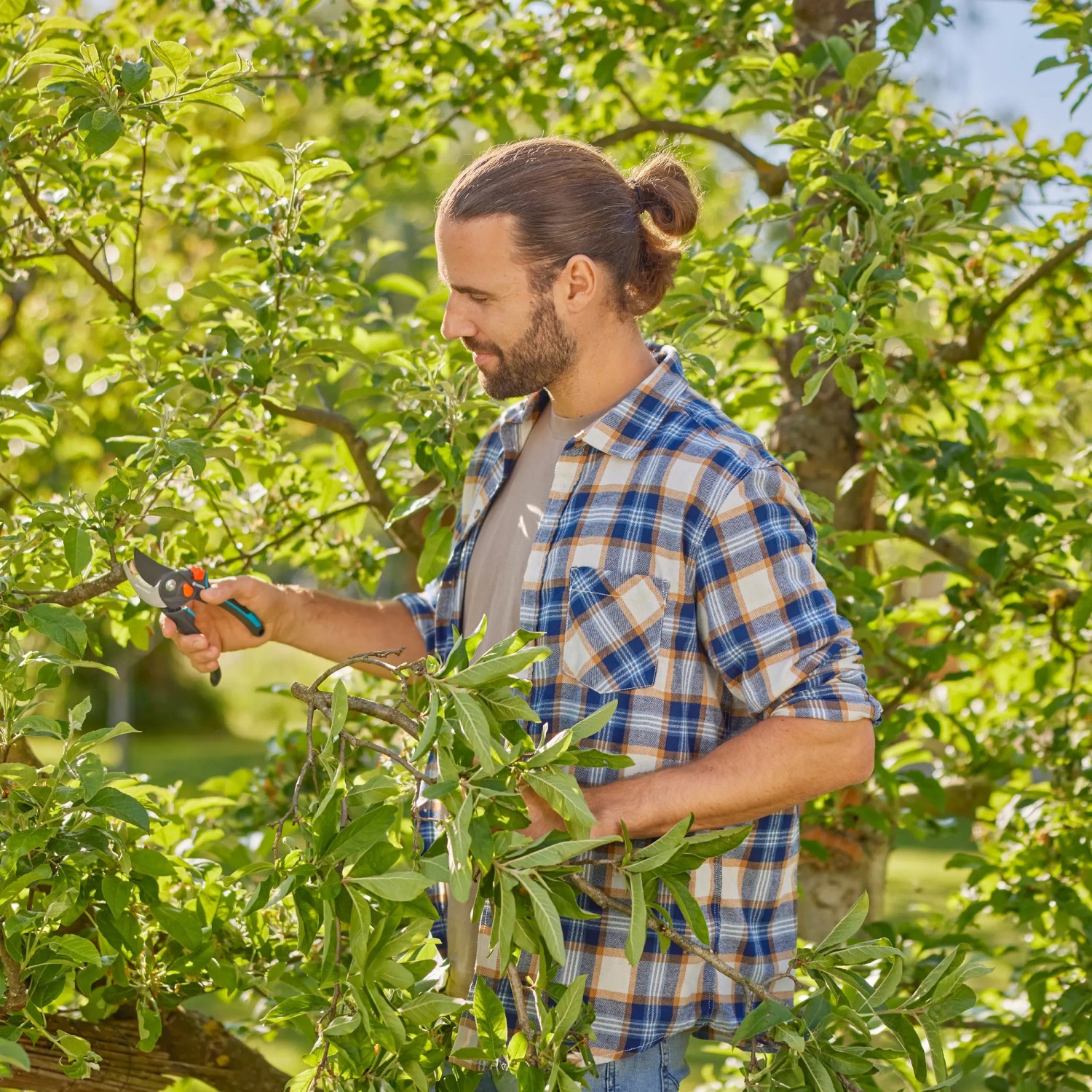 Mann schneidet mit Gardena Gartenschere PremiumCut Pro Flex Äste im Garten.