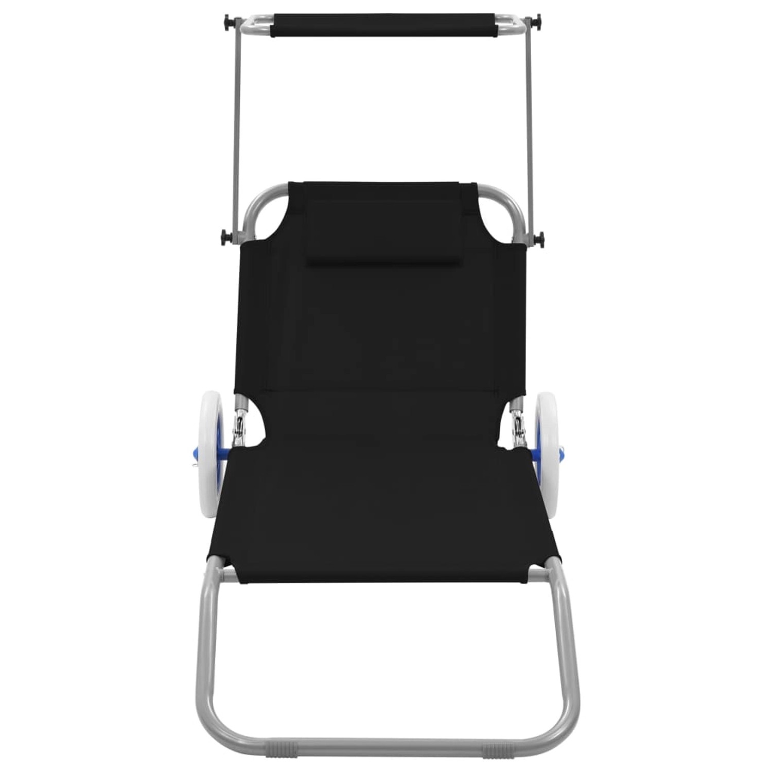 Schwarze vidaXL Klappliege mit Sonnenschutz und Rädern aus Stahl, Frontansicht.