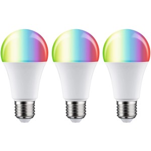 Drei Paulmann E27 LED-Lampen in Glühlampenform mit Farbwechsel, 11W.