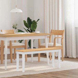 Weiße Massivholzbank mit Naturholz-Sitzfläche im Esszimmer. Moderne Gummibaumholz-Sitzbank, 110 cm lang.
