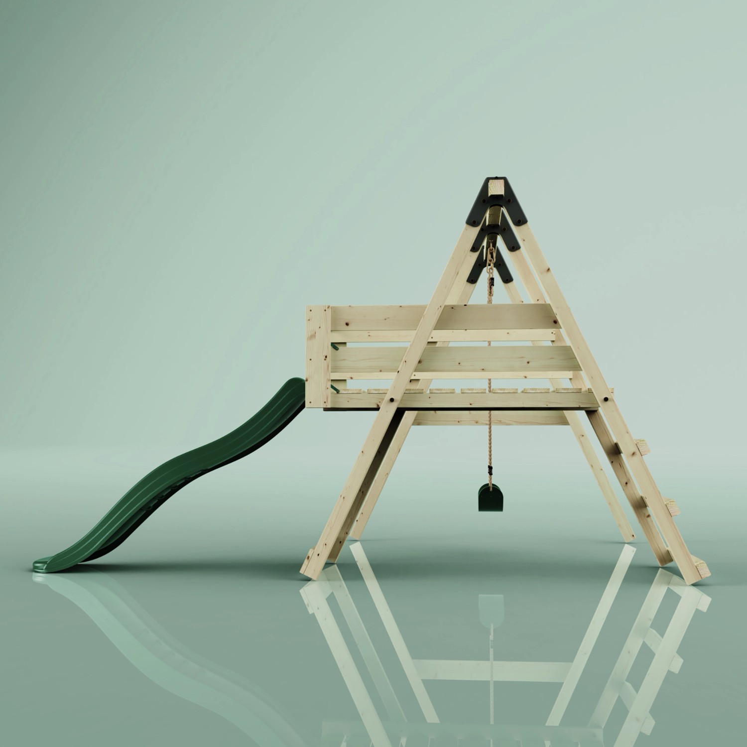 REBO Schaukel Orchidee Dunkelgrün mit Rutsche und Schaukel aus unbehandeltem Holz.