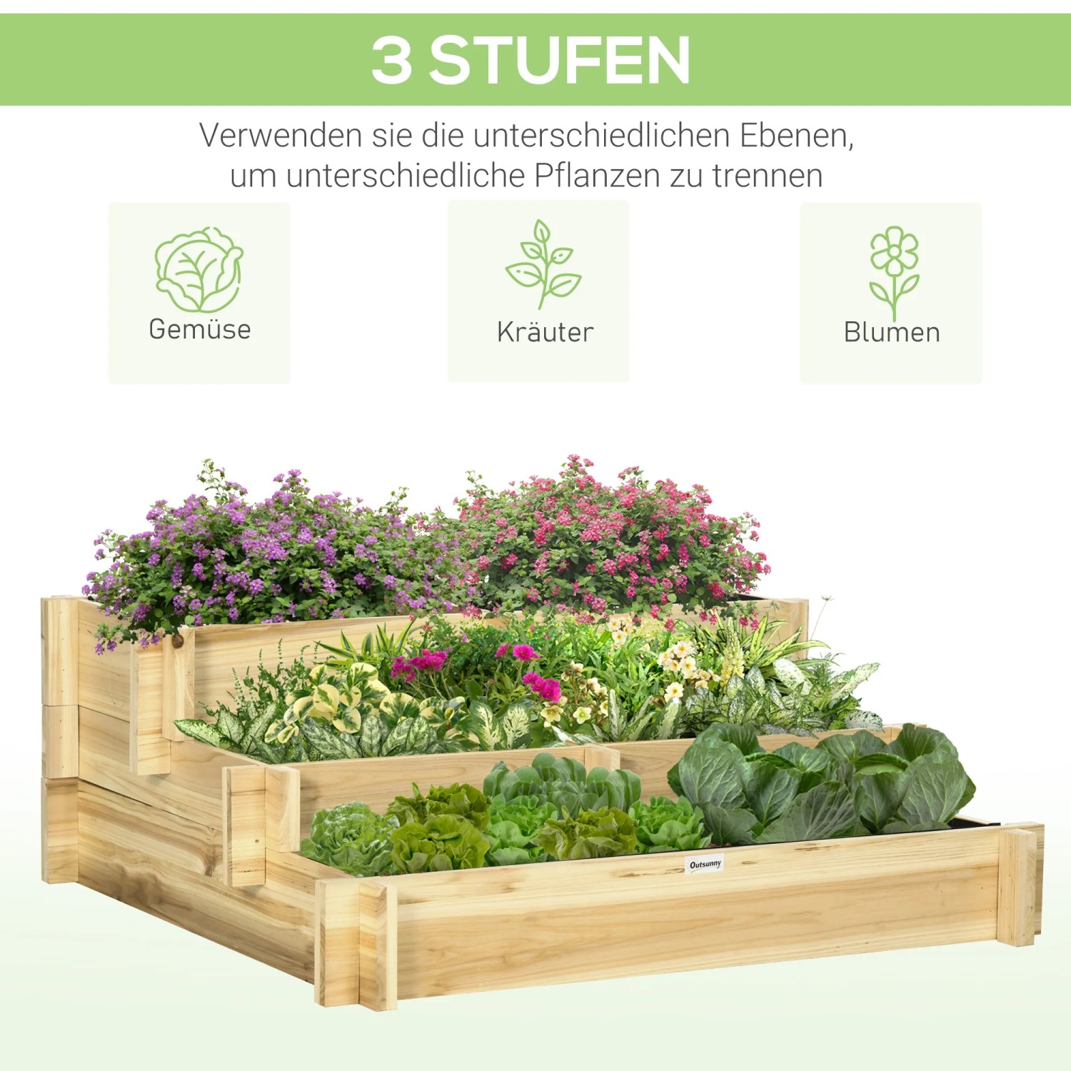 Outsunny Hochbeet aus Tannenholz mit 3 Stufen und Bepflanzung.