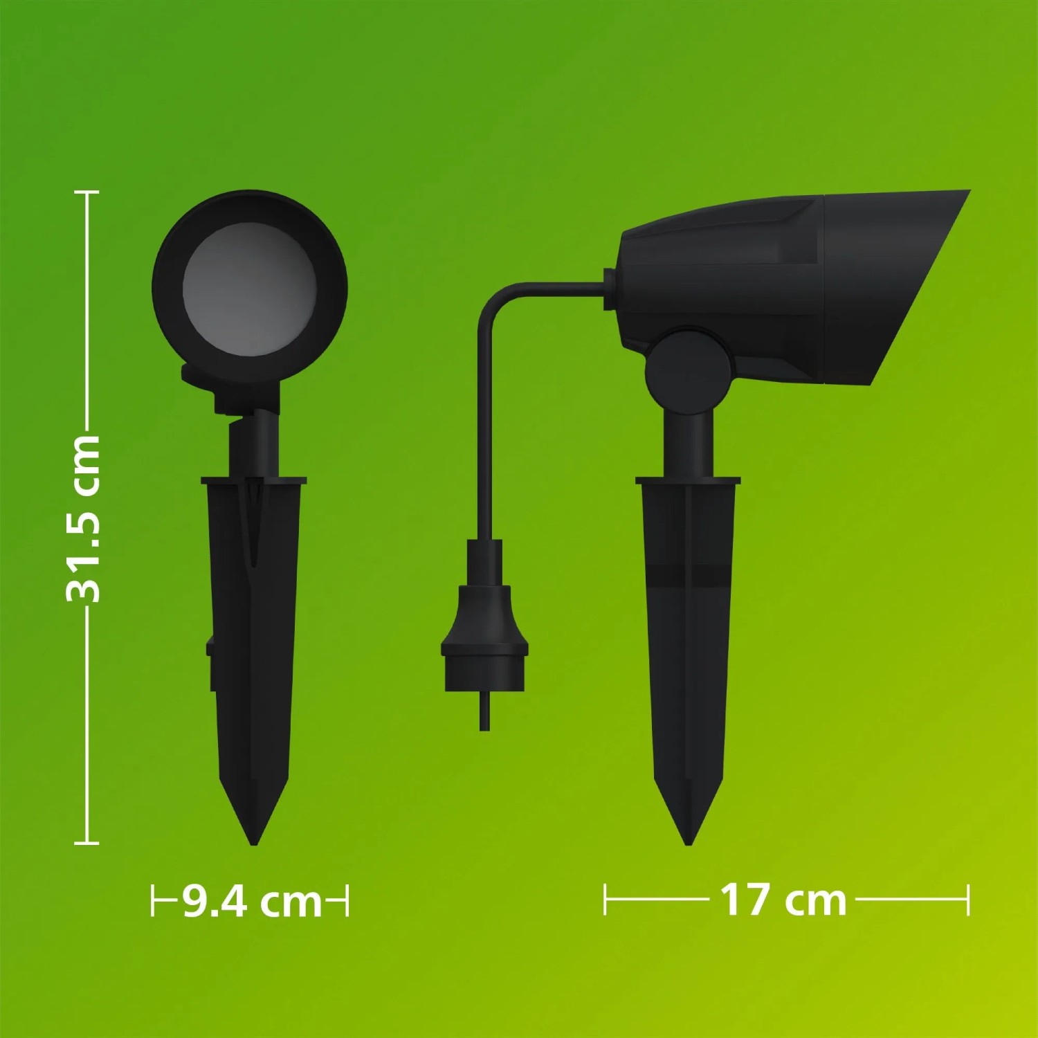 Schwarze Philips Cylr LED-Gartenstrahler Erdspießleuchte mit Maßen.