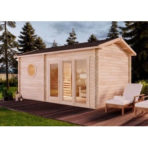 Naturbelassene Finntherm Gartensauna Genf-70 mit Satteldach, Panoramafenster und Terrasse.