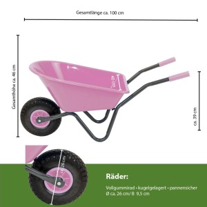 Rosa Kinderschubkarre mit Vollgummirad, Traglast 40 kg, für Spiel & Spaß im Garten.