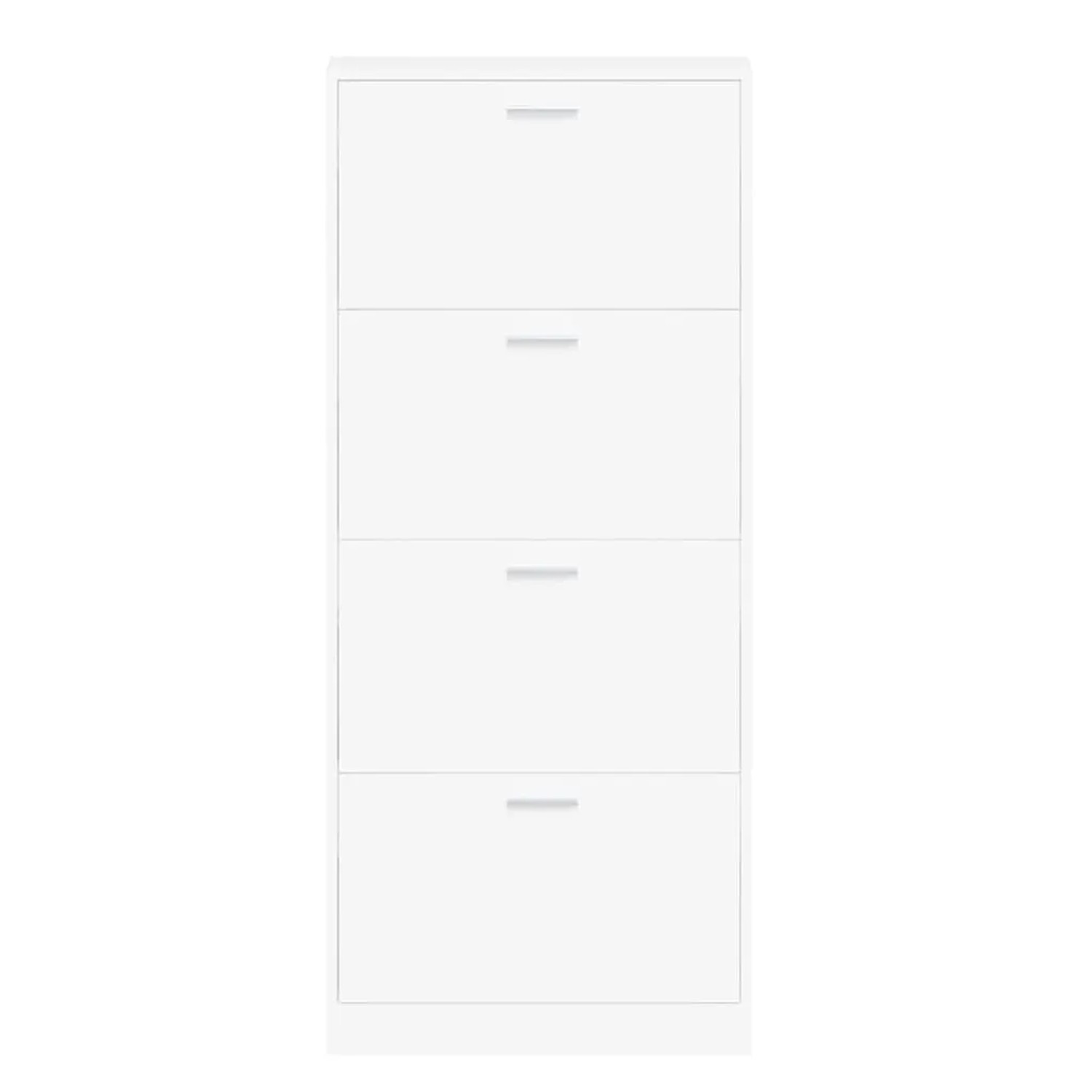 Weißer vidaXL Schuhschrank aus Holzwerkstoff, 59x17x150 cm, mit 4 Kippfächern und Griffen für Flur.