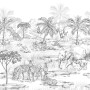 ESTAhome Fototapete Dschungeltiere in Schwarz-Weiß mit Zebras, Elefanten und Palmen.
