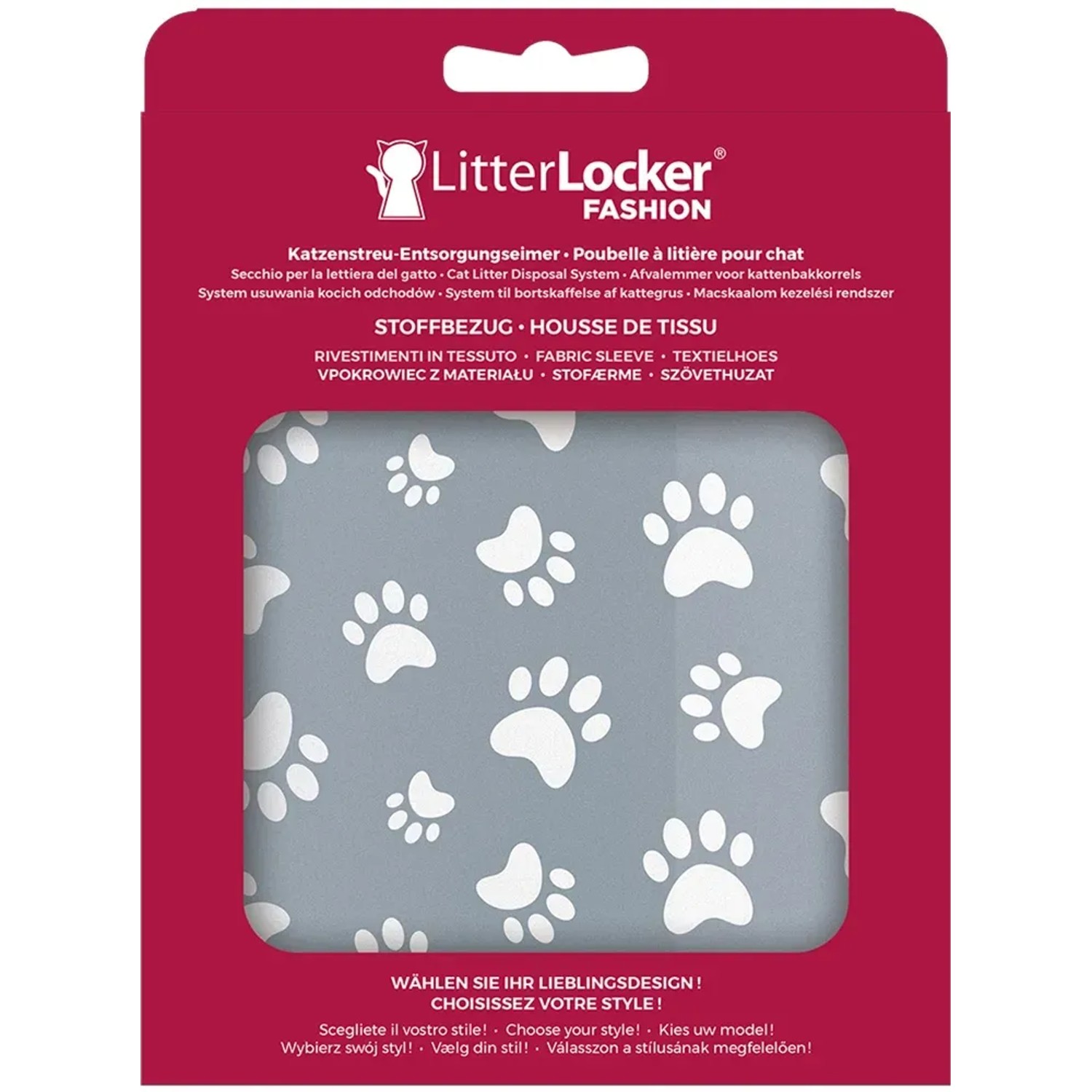 LitterLocker Fashion Stoffbezug Cat Paws Grey für Katzenklos mit Pfotenmuster.