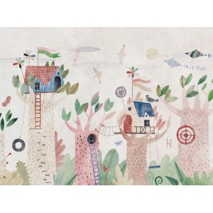 Fototapete mit Aquarell-Waldmotiv für Kinderzimmer in Beige, Braun, Grün und Blau.