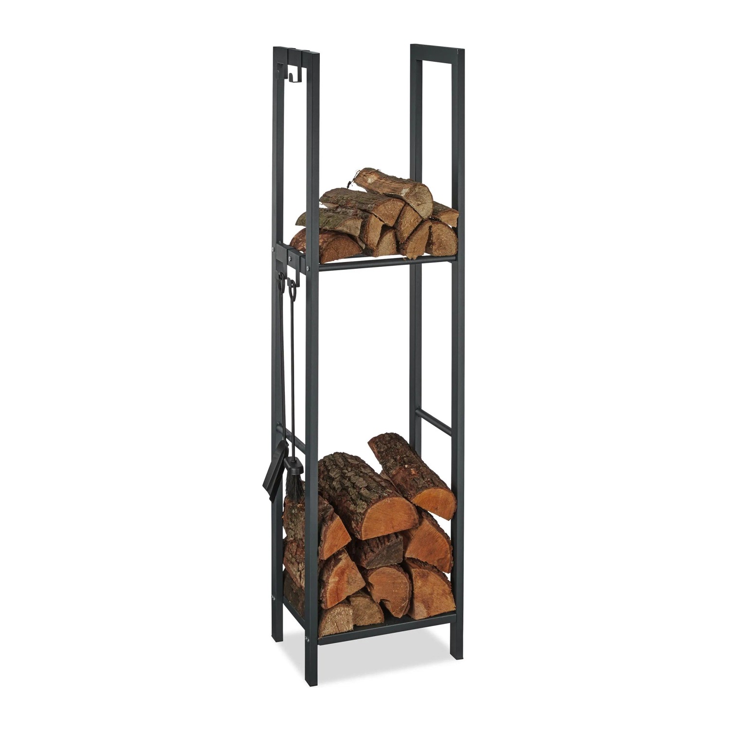 Relaxdays Kaminholzregal Stahl Anthrazit mit 2 Ablagen 150 cm x 40 cm x 30 cm