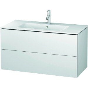 Duravit L-Cube Waschbeckenunterschrank, 102 cm, weiß matt, mit zwei Schubladen und Aufsatzwaschbecken.