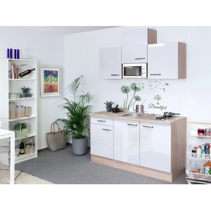 Flex-Well Singleküche Valero, 150 cm, Weiß Hochglanz/Sonoma Eiche, mit Kochfeld, Spüle und Mikrowelle.