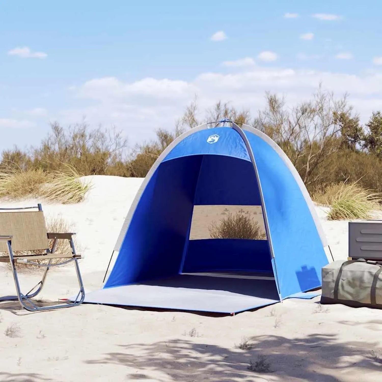 Blaues vidaXL Strandzelt für 3 Personen, wasserdicht und leicht aufzubauen.