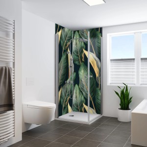 Breuer Duschrückwand mit Blätter Vintage Dekor in moderner Dusche.