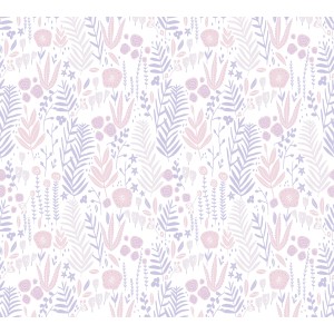 Vliestapete mit Blumenmuster in Lila und Rosa für das Kinderzimmer.