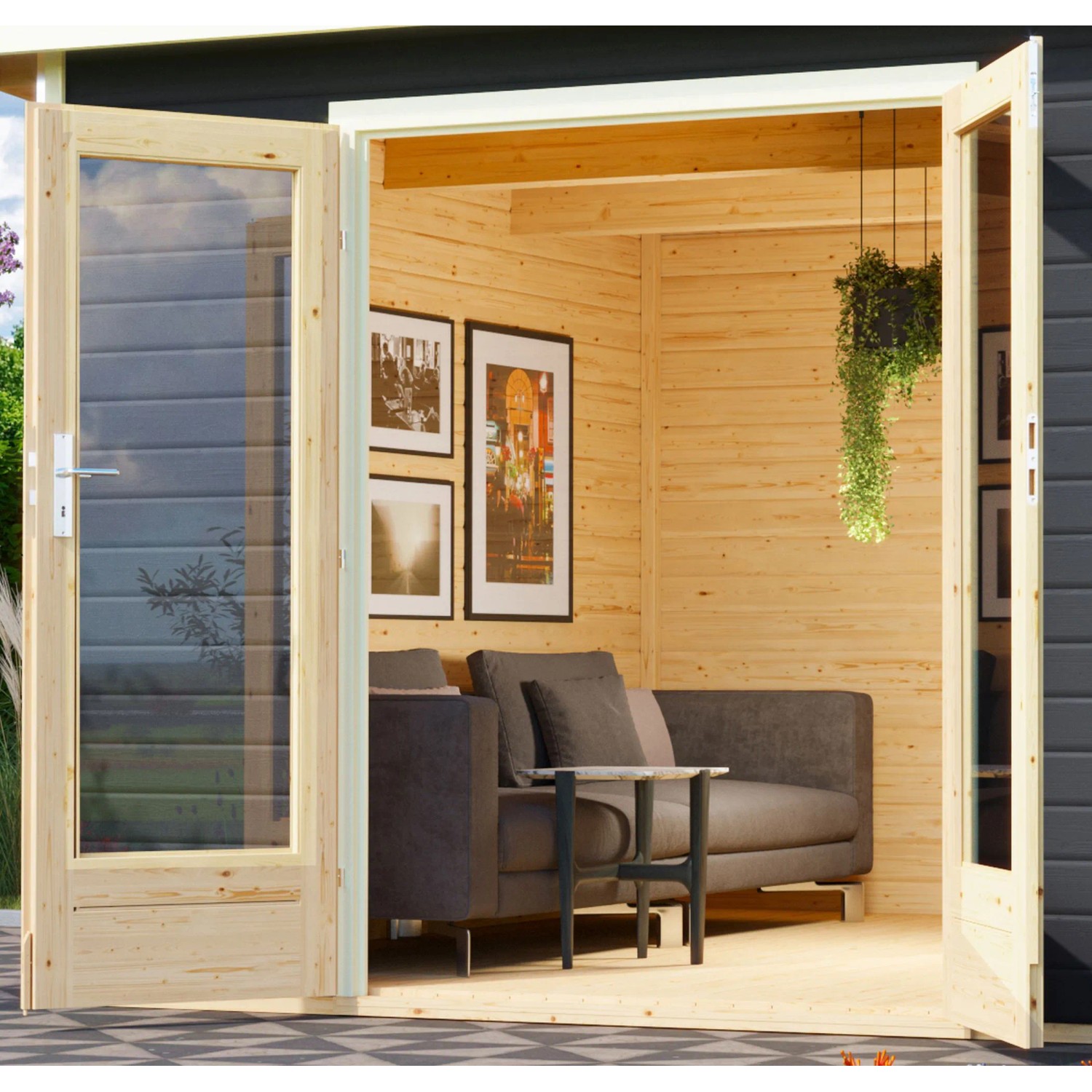 Terragraues Karibu Holz-Gartenhaus Norrköping mit Pultdach und geöffneten Glastüren.