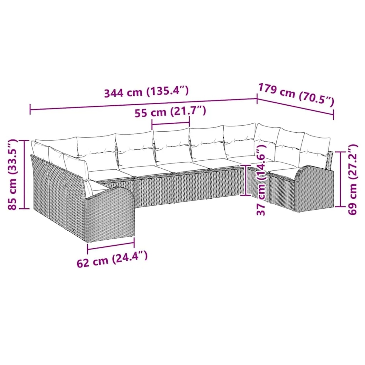 vidaXL Garten-Sofa-Set, 10-teilig, braunes Poly Rattan, mit Maßangaben.