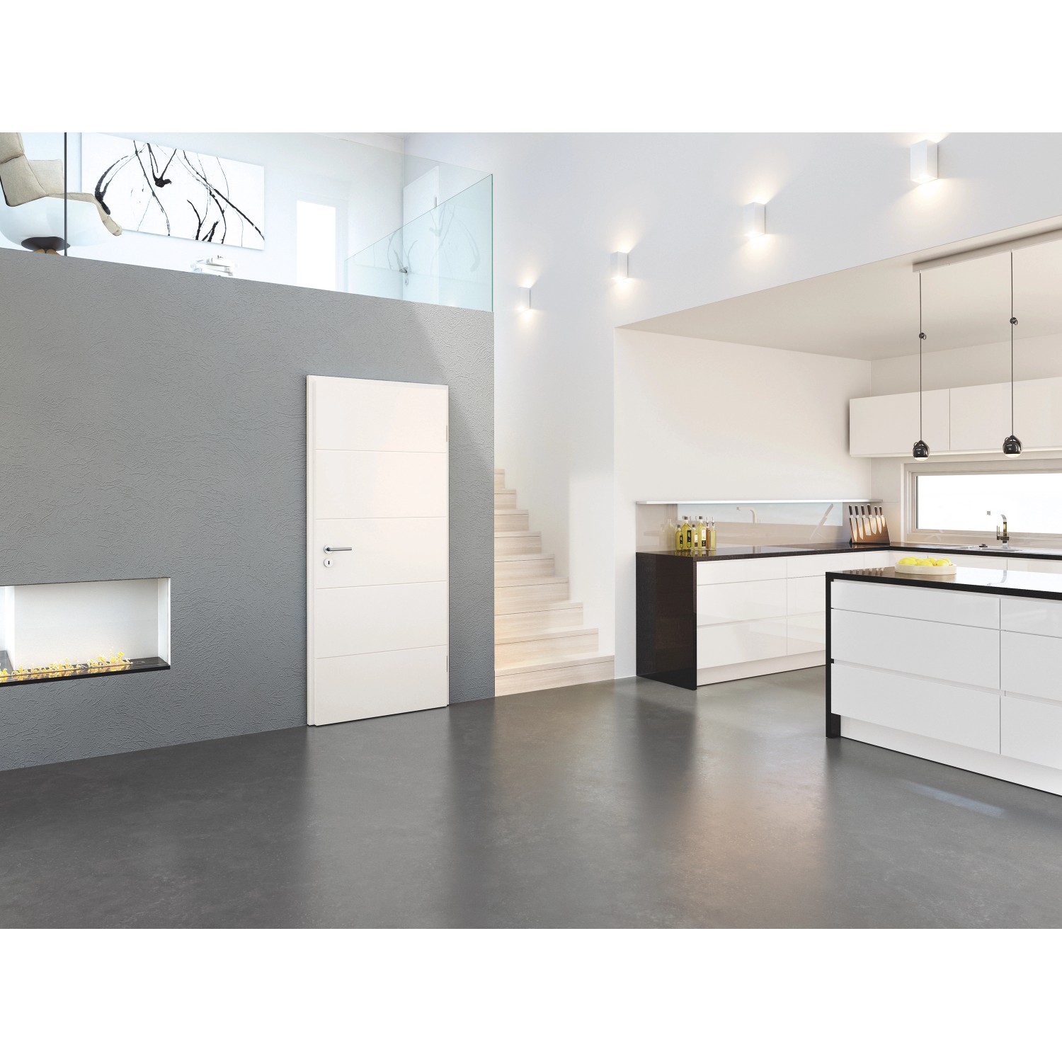 Weiße Zimmertür Catro Line (RAL 9016) mit Rillenprägung, 61x198,5 cm, Anschlag rechts.