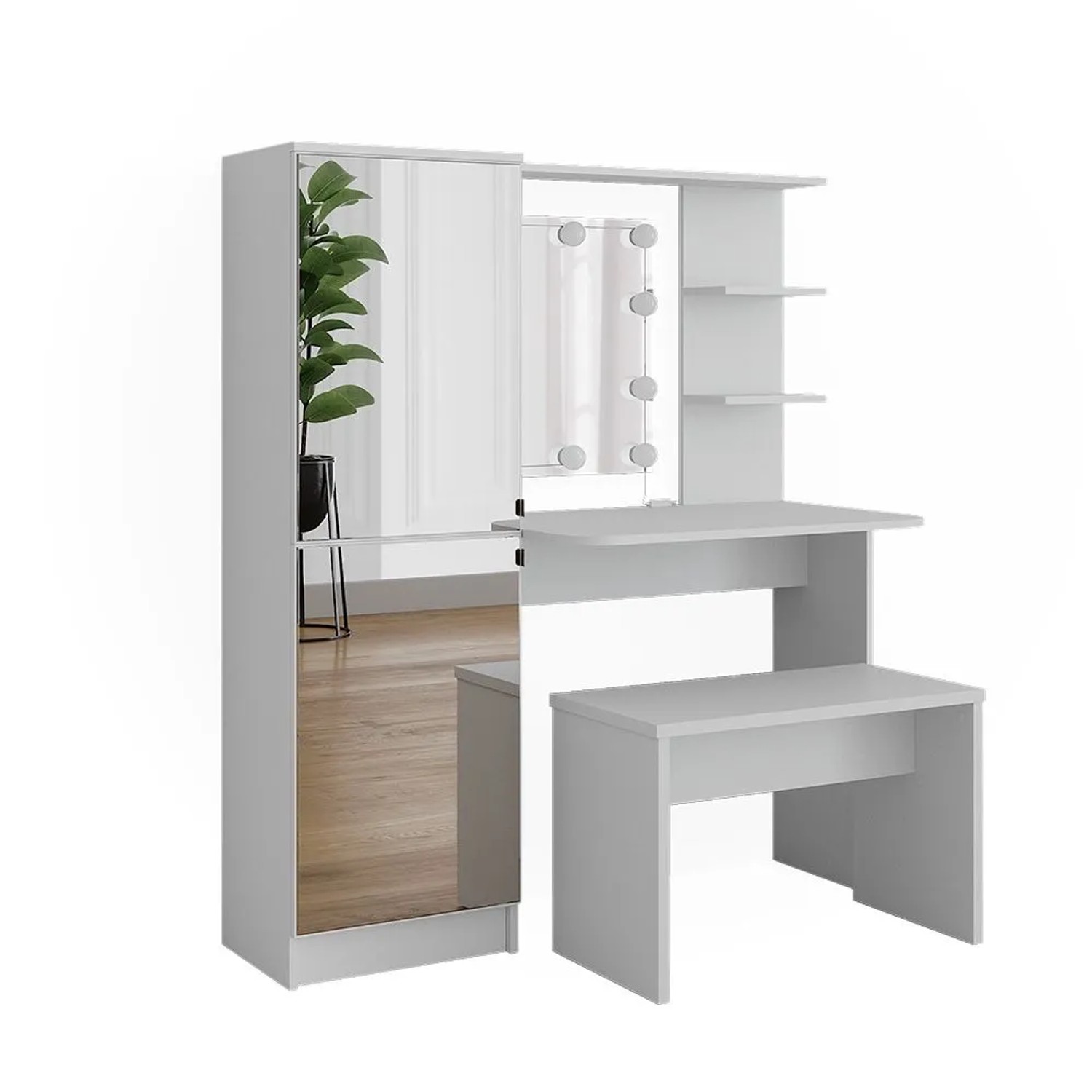 Vicco Frisierkommode Jasmin Weiß 123 x 141 mit Spiegel, LED-Lichterkette und Bank