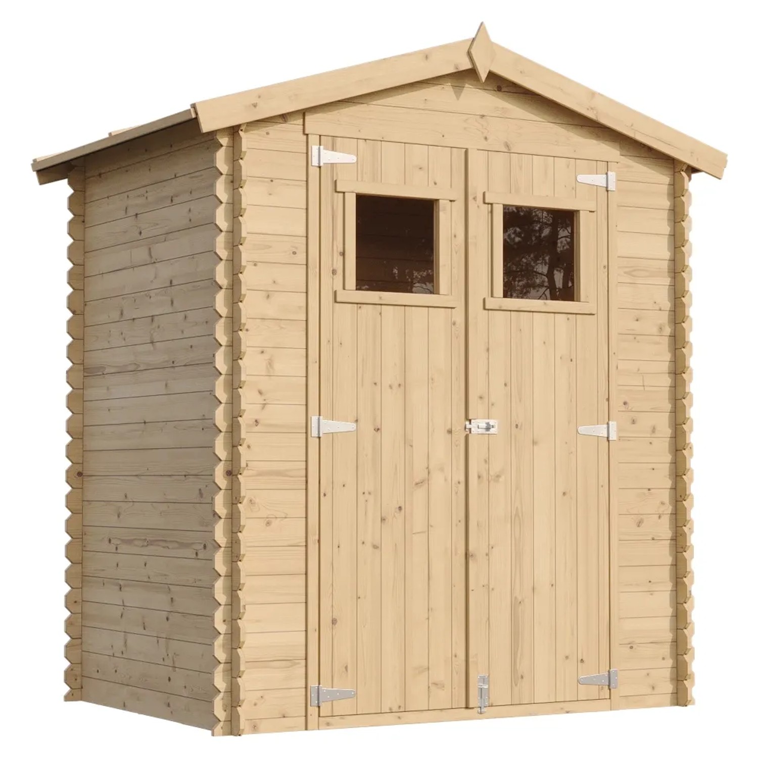 Timbela Gartenhaus M367+M367G aus Holz, 1,98 m², mit Doppeltür und zwei Fenstern.