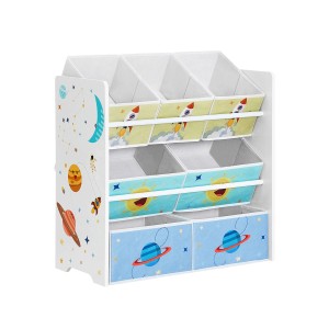 Weißes Songmics Kinderzimmerregal mit 7 Boxen und Weltraum Motiven.