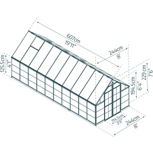 Technische Zeichnung: Palram Canopia Gewächshaus, 14,8 m², Maße: 607x244x229 cm, inklusive Fundamentrahmen.