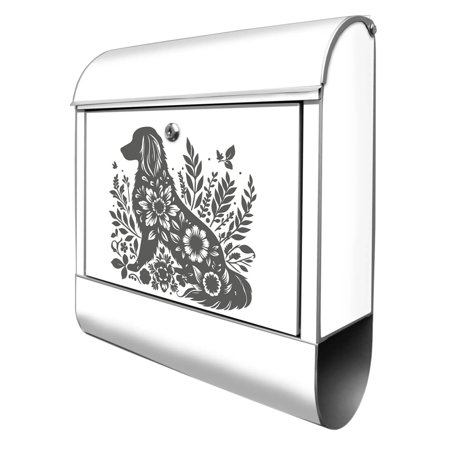 Banjado Design Briefkasten Silber Pulverbeschichtet 39x47x14cm 2 Schlüssel Mit Zeitungsfach Motiv Blumenhund Silhouette