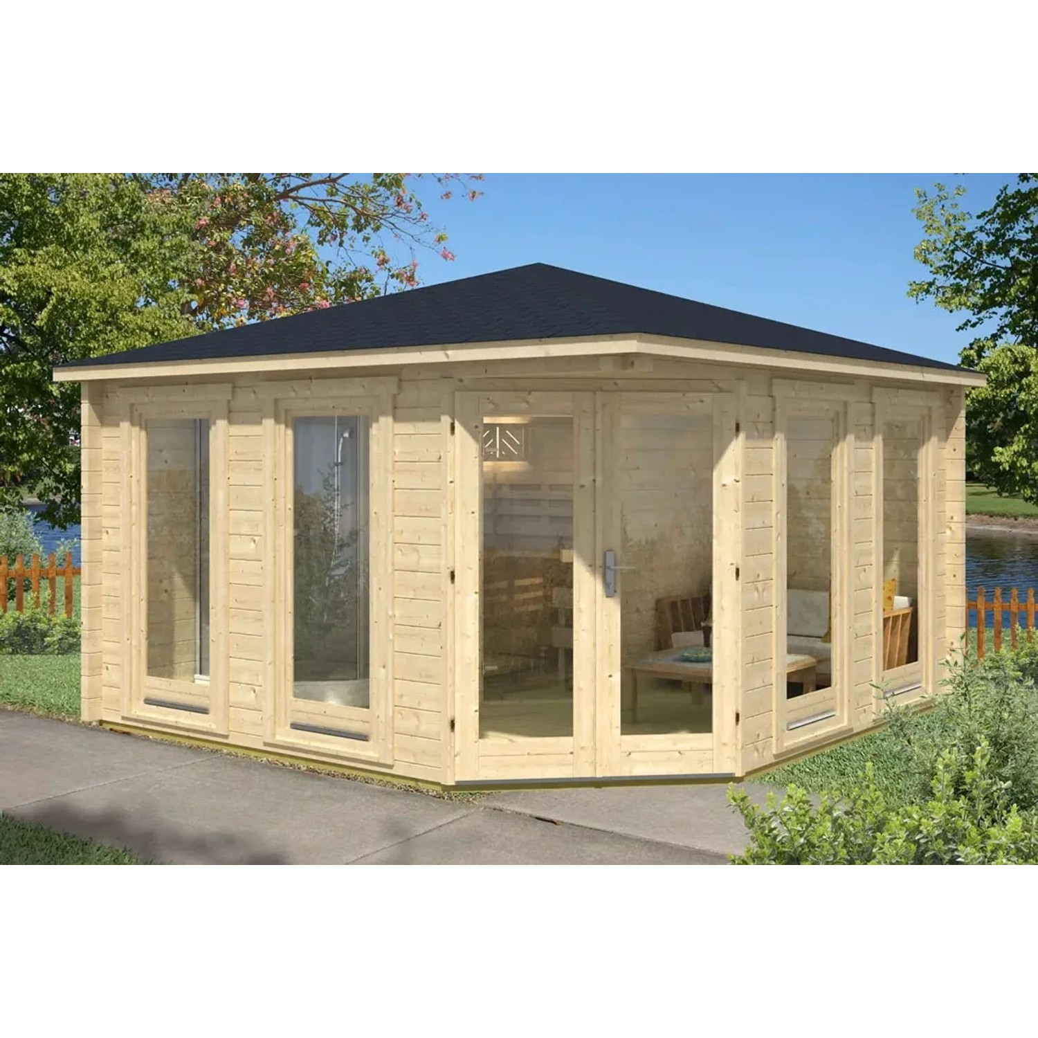 Finntherm Gartensauna Sandor-70 aus naturbelassenem Fichtenholz mit großen Fenstern.