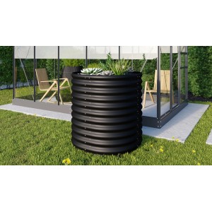 Schwarzes, rundes Vitavia Hochbeet Vita 858 aus Metall im Garten, bepflanzt.